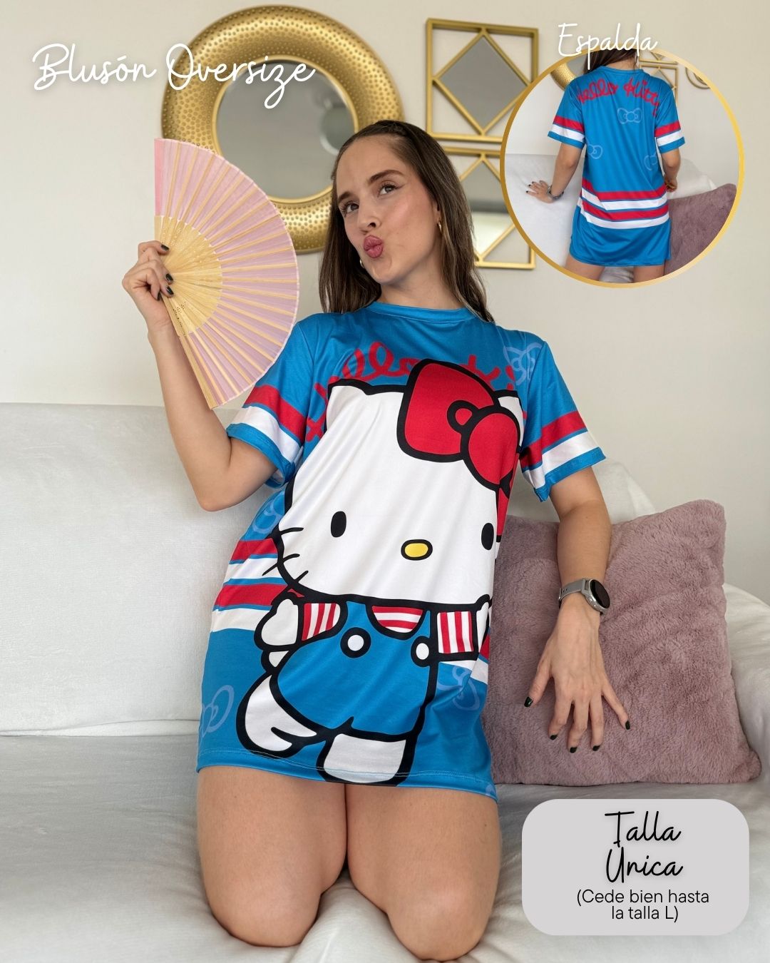 Blusón Hello Kitty, vista frontal y detalle de espalda