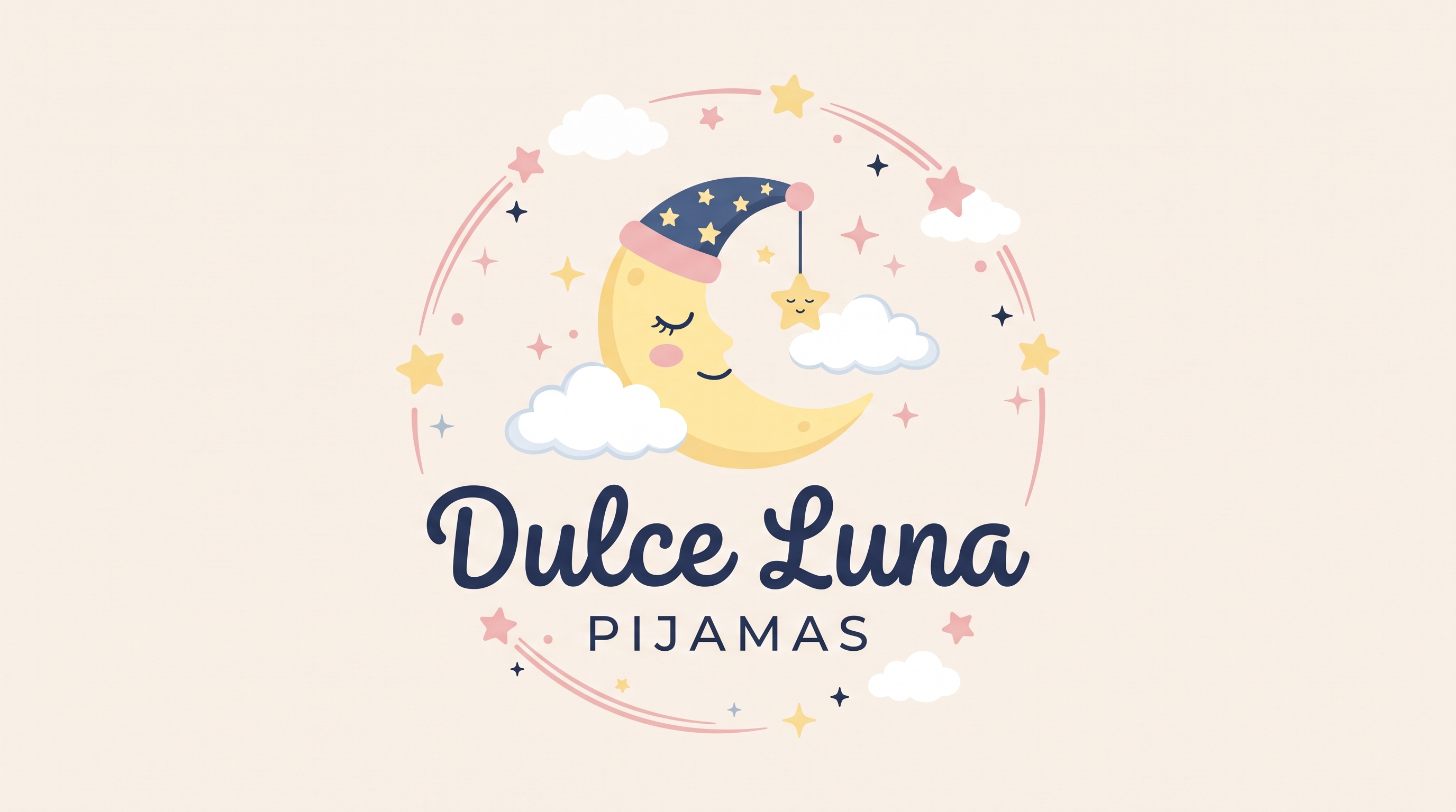 Logo Dulce Luna Pijamas: luna dormida con gorrito, nubes y estrellas