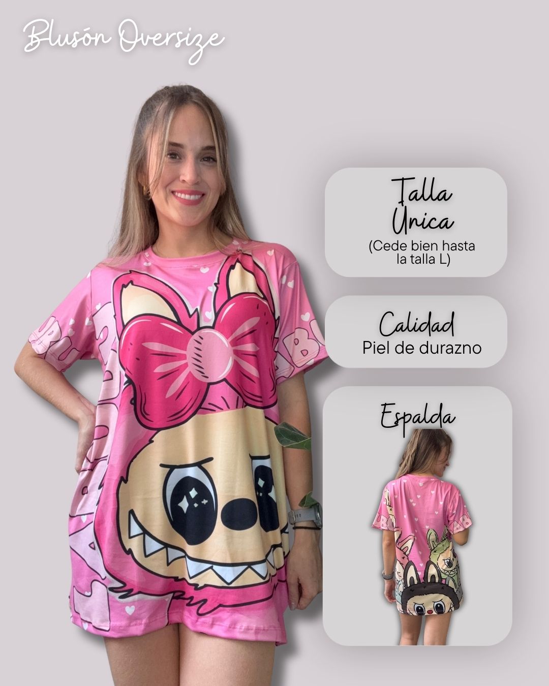 Blusón rosa con moño, vista frontal y detalle de espalda